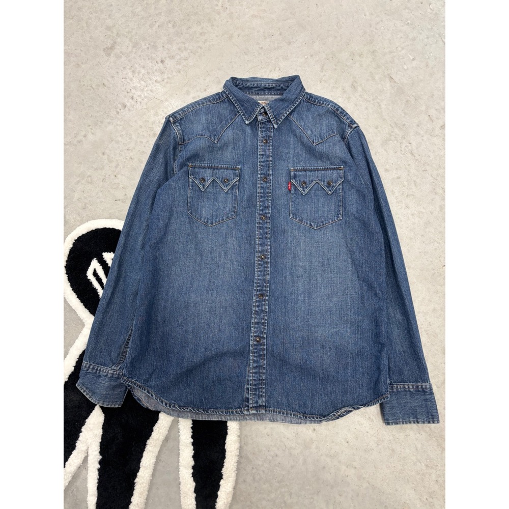 Levis Western Denim Shirt Mens Large Blue Snap Button Down Cowboy Long Sleeve